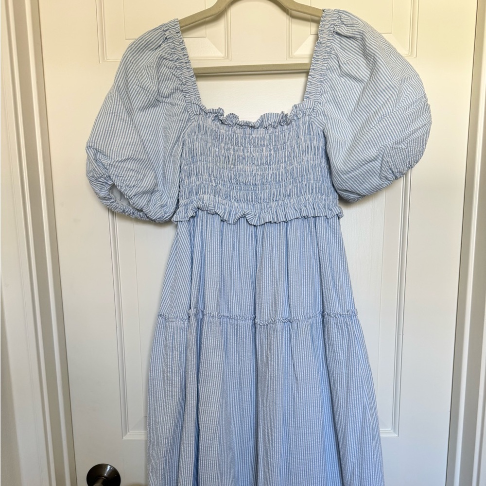 Light Blue Smocked Puff-Sleeve Casual Dress